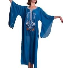 Vintage Sheer Peacock Blue Caftan maxi Dress embroidered Boho Flowy OSFA