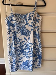 Lilly Pulitzer Shelli Stretch Sheath Dress 6 Blue/White Floral Bow Lace Zip