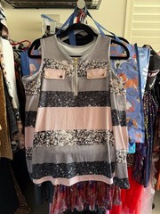 SHEIN Plus Size Pink and Grey Striped Cold Shoulder Quarter Zip Ribbed Top
