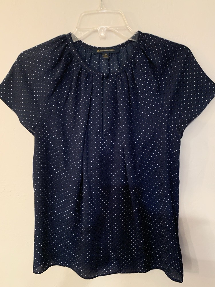 Brooks Brothers Womens Blue White Polka Dot Short Sleeve Blouse Top Size XS