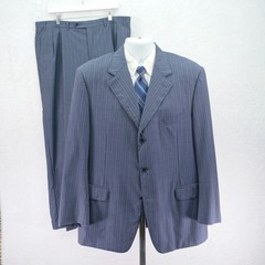 Canali Super 120s Wool Blue Striped 2 Piece Suit 44L 39 / 31 Pleated Cuffed Mid