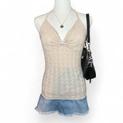 RARE Vintage Spiegel 100% Silk Cream Knit Halter Tank Fairy Coquette Summer M