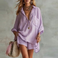 Women’s Suit Sexy Turn-down Collar Shirt High Waist Shorts Two Piece Set New