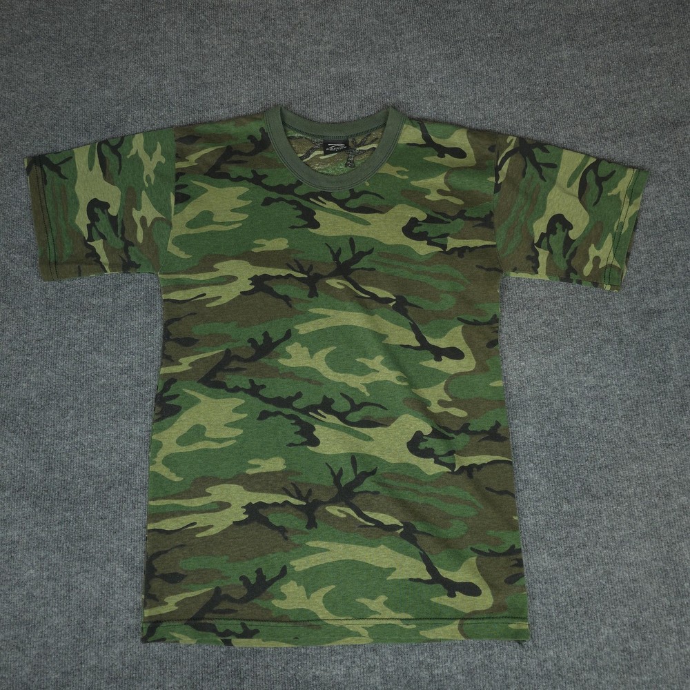 VTG Rothco Shirt Mens Large Green Woodland Camo Crewneck Military Made USA Tee