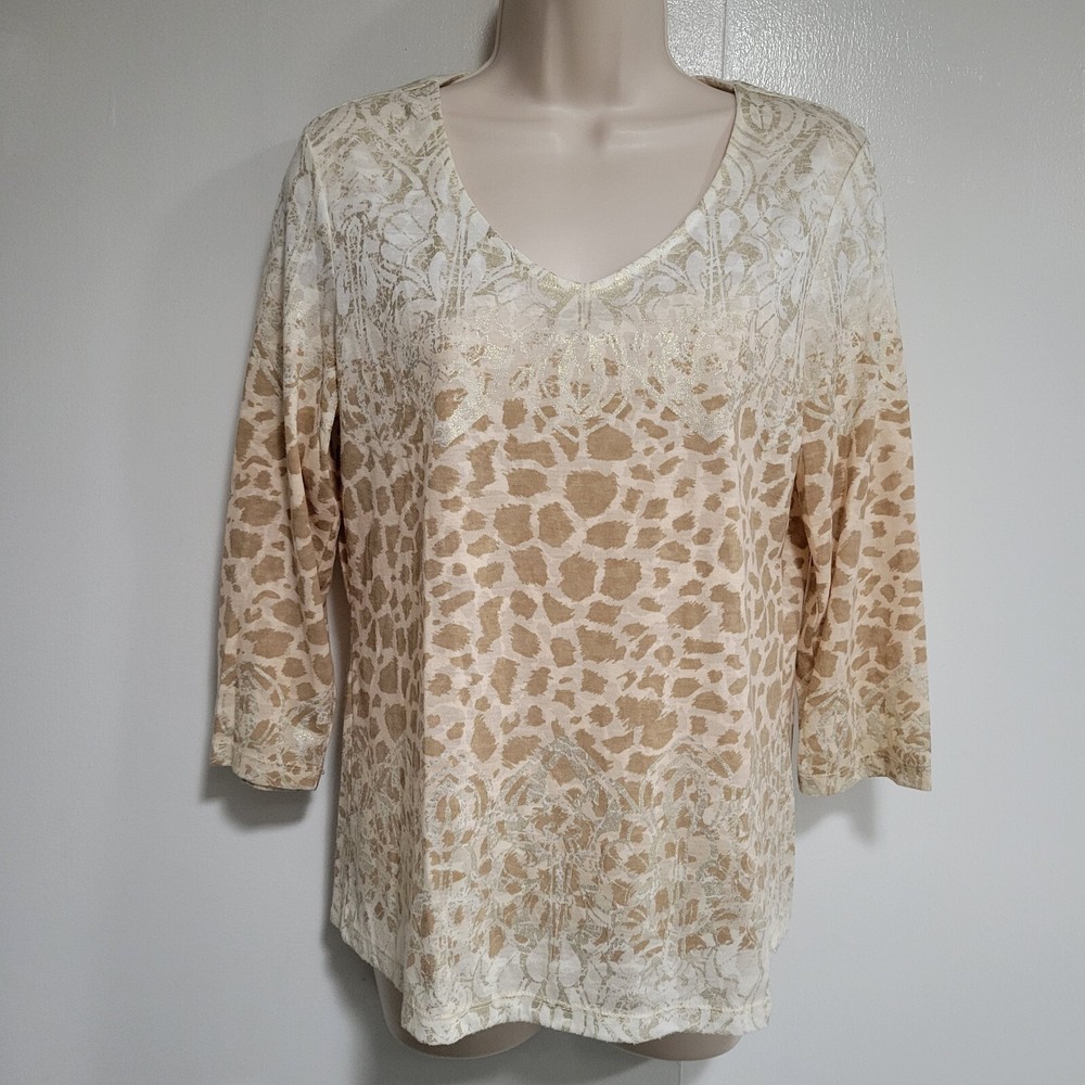 Chico’s Size 0 (S) Ivory Poly Blend Multi Patterned V-neck 3/4 Sleeve Knit Top