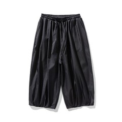 Men 3/4 Length Loose Trousers Elastic Waist Cropped Pants with Pockets