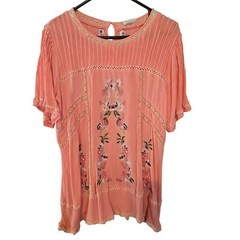 POL Women Coral Pink Embroidered Boho Blouse Crochet Lace Pintuck Short Sleeve S