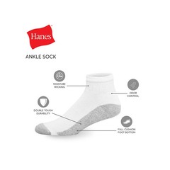 Hanes 6 Pack Premium Men’s Cushion Socks, Ankle, White, Shoe Size 6-12