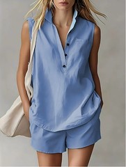 Women’s 2 Piece Outfit Sleeveless Shirt and Shorts Set Casual Summer