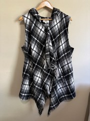 Rewind XL Black White Plaid Hooded Vest Fringe Hem Button Front Boho