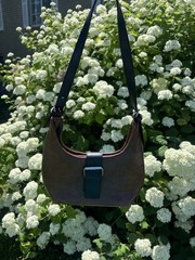 Women’s Brown Solid Crescent Shoulder Bag Black Strap Silver Buckle Accent