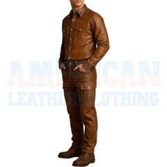 Handmade Men Brown Genuine Leather Shirt and Cargo Pants Set Western Style Two