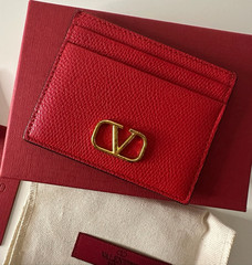 Valentino Garavani VLogo Red Leather Card Holder Wallet Gold Logo Box Dust Bag