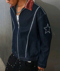 New Men Luxury Diamond Star Rhinestones Denim Navy Blue Zip Jacket High Quality