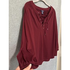 Chaps Burgundy Lace Up Blouse XL Boho Romantic Peasant Top Flowy Western Soft