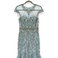 Elegant Blue Lace Ball Dress with Illusion Collar Crystal Decal Evening Gown