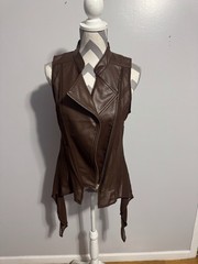 Cotton Express Brown Sleeveless Faux Leather Zip Front Mesh Tie Hem Vest L