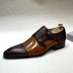 Real Leather Low Heel Pointy Toe Business Casual Mens Buckle Monk Shoes Oversize
