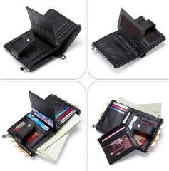 Real Leather Bifold Wallets for Men Double Zip Coin Pocket Purse with Chain