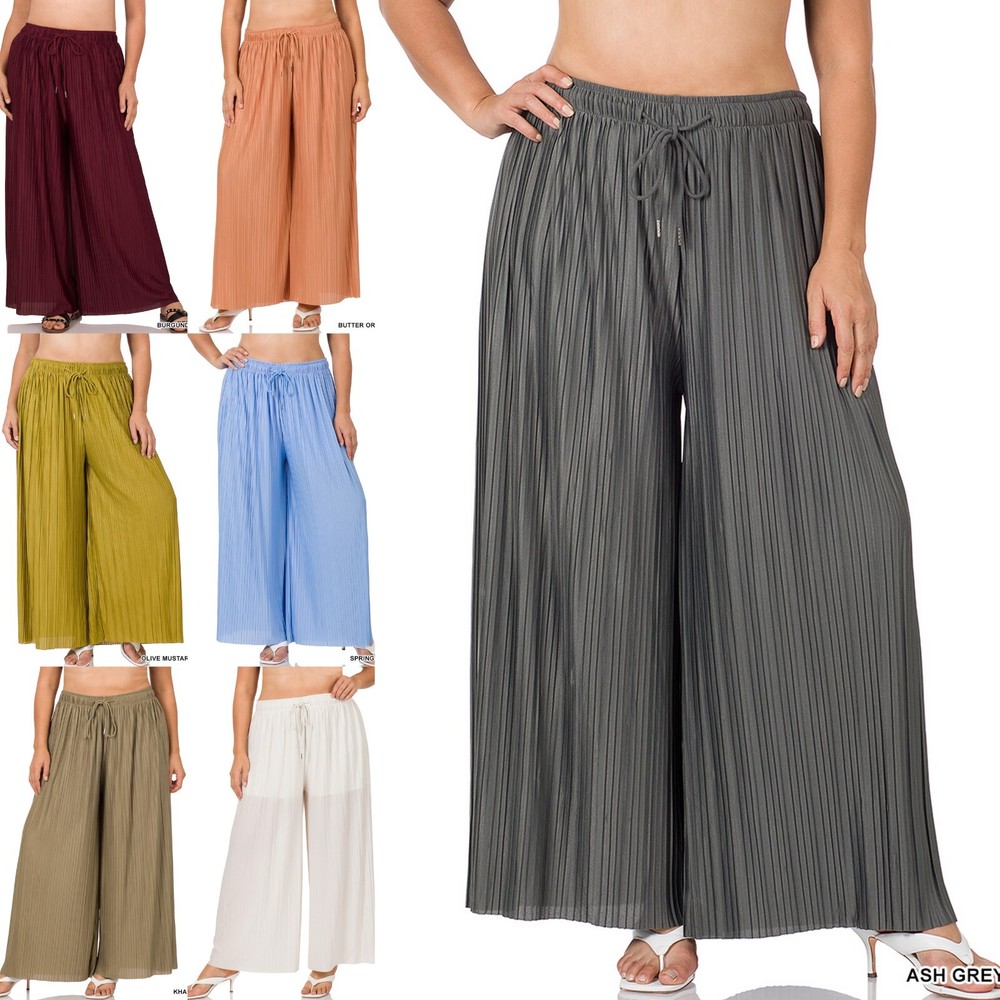1X 2X 3 Wide Leg Pleated Soft Flowing Woven Pants Loose Fit Elastic Waist Zenana