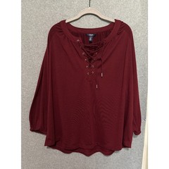 Chaps Burgundy Lace Up Blouse XL Boho Romantic Peasant Top Flowy Western Soft