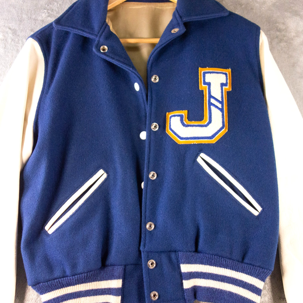 VTG Howe Varsity Letterman Jacket Size 36 Blue Wool Leather Slash Pockets READ