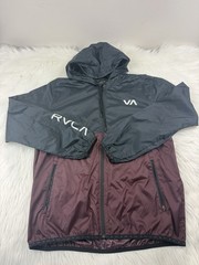 RVCA VA Windbreaker Jacket Mens Size L Gray Burgundy Hooded Full Zip Lightweight