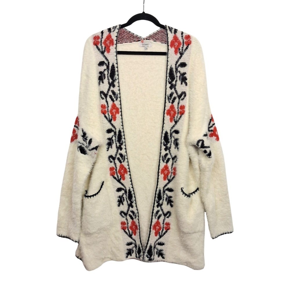 OCEANUS Cozy Floral Open Cardigan Sweater Shawl Large Red Black Cream Large