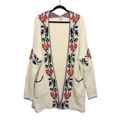 OCEANUS Cozy Floral Open Cardigan Sweater Shawl Large Red Black Cream Large