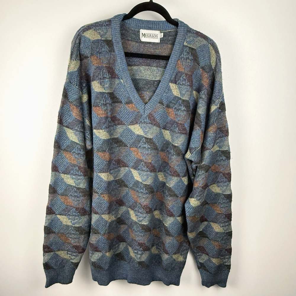 Vtg 80s 90s Megalos Sweater Mens XLT Tall 3D-Knit Biggie USA Coogi-Style Grandpa