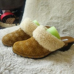 Tan Suede Clogs, Sheepskin Shearling, Embroidered flowers