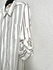 Ellen Tracy White Moss Brown Stripe Long sleeves Casual Blouse Classic Tops sz M