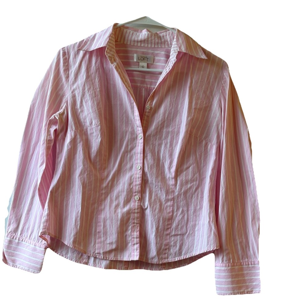 Ann Taylor LOFT Women’s Striped Collared Button-Up Long Sleeve Pink/White 6