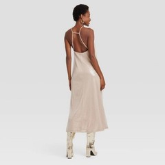A New Day Women’s Sequin Midi A-Line Dress Halter Neckline Side Slit Tan XS