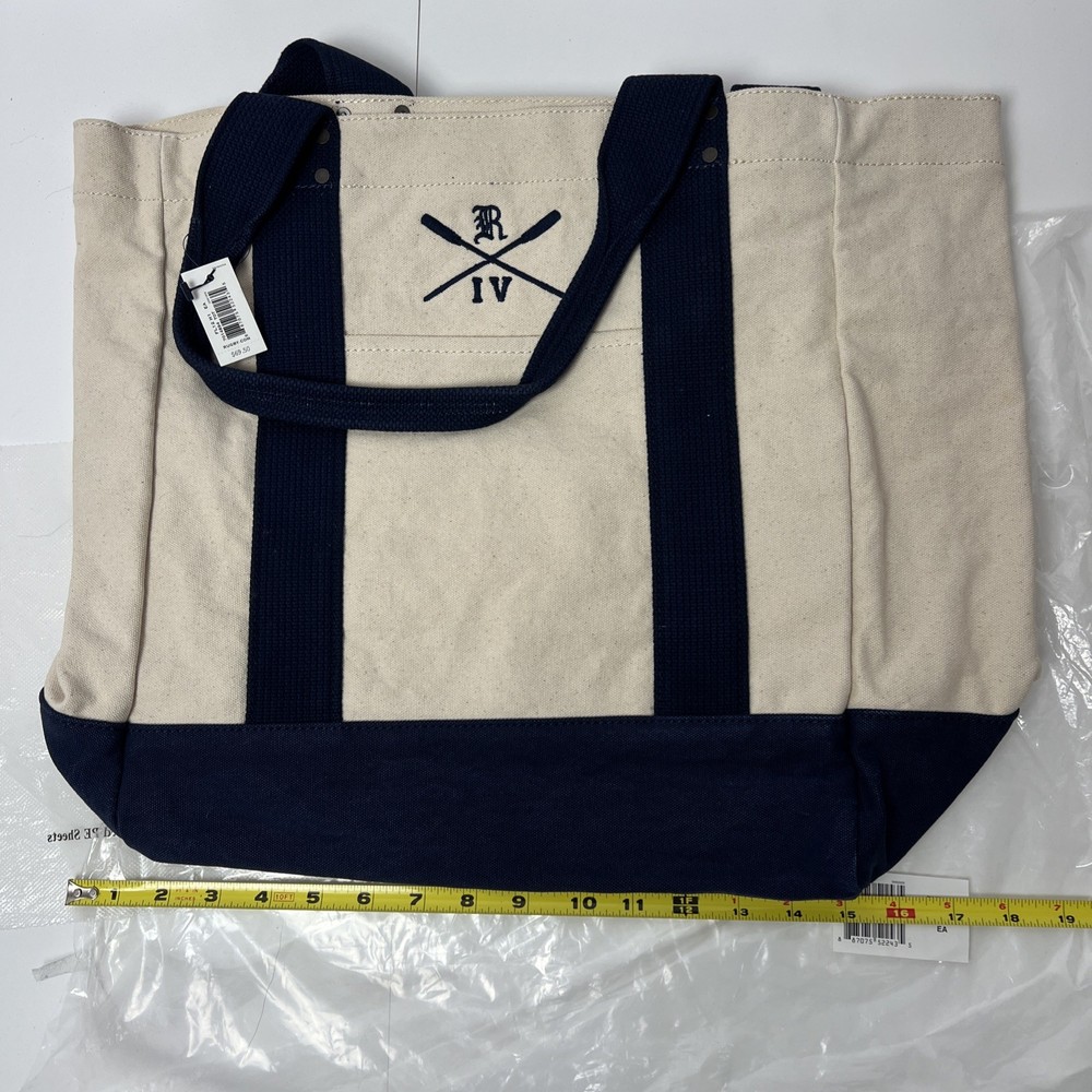 Rugby Ralph Lauren Tote Bag Canvas Ivory Navy Blue New Rare With Tags