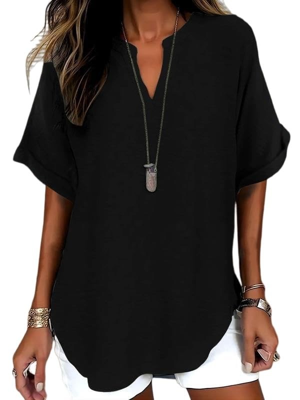 Women Cotton Linen Top V Neck Half Sleeve Loose Summer Blouse Tee Shirt