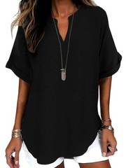 Women Cotton Linen Top V Neck Half Sleeve Loose Summer Blouse Tee Shirt