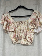 Forever 21 Floral V-Neck Ruffle Sleeve Crop Top – Pink & Cream