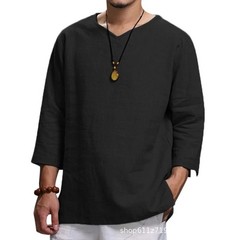 Men’s 3/4 Sleeve Casual Cotton Pullover V-Neck Loose Fit Beach Shirt