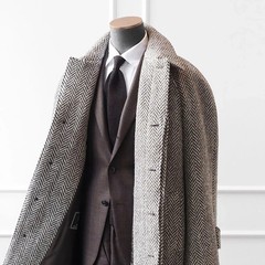 Men Long Overcoat Gray Herringbone Wool Blend Coat Winter Business Outwear