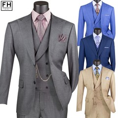 VINCI Men’s Textured 3pc Modern Suit w/ Adj Waist – 36S-56L, 4 Colors – NEW