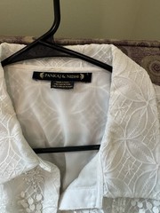 Pankaj & Nidhi White Lace Floral Embroidered Sequin Tie Blouse Sheer L