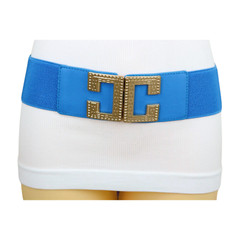 Women Blue Elastic Wide Fashion Belt Hip High Waist Gold Metal C Buckle Size S M