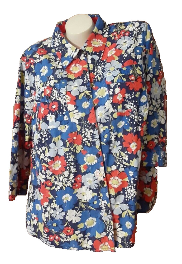 Alfred Dunner Woman Blue Floral Blouse Bracelet Sleeves Pockets Size 18W
