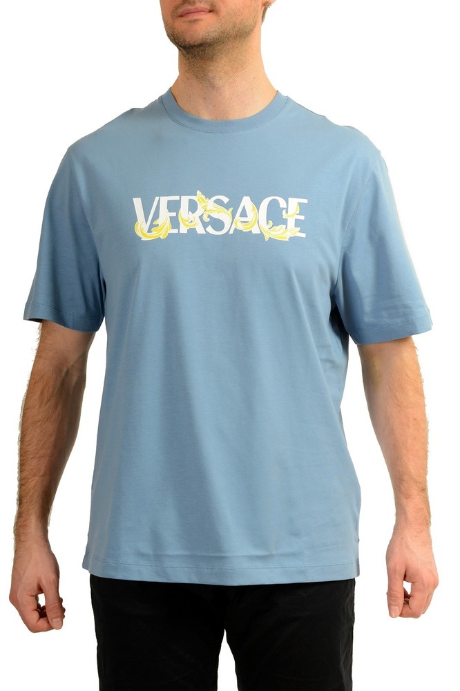 Versace Men’s Logo Print Blue Crewneck Short Sleeve T-Shirt US 4XL IT 60