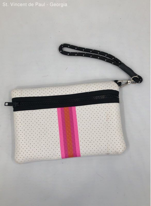 White Striped Neoprene Clutch Pink Purple Orange Strip With Black Wristlet Great