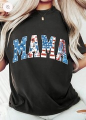 MAMA Patriotic Graphic Tee – Black Floral American Flag Shirt