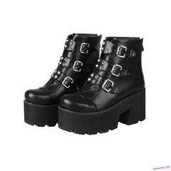 Rivet Women’s Faux Leather Ankle Boots Platform Shoes Multi Buckle Block Heels