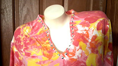 Ruby Rd. Pink and Yellow Tee V-Neck With Rivets Bracelet Sleeves Size XL