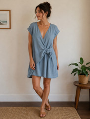 BNDI Dusty Blue Wrap Dress Size S Tie Waist Textured Mini Dress